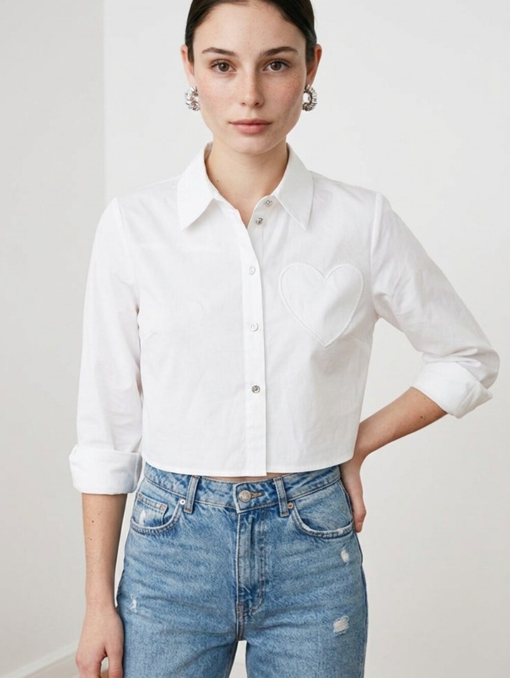Paris Hilton Button Down Shirt Cropped White Size S with Silver Buttons~ CLEAN